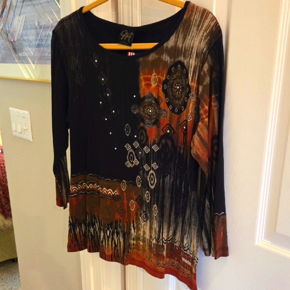 Black and Orange Asymmetrical Graphic Tunic with 3/4 Sleeves